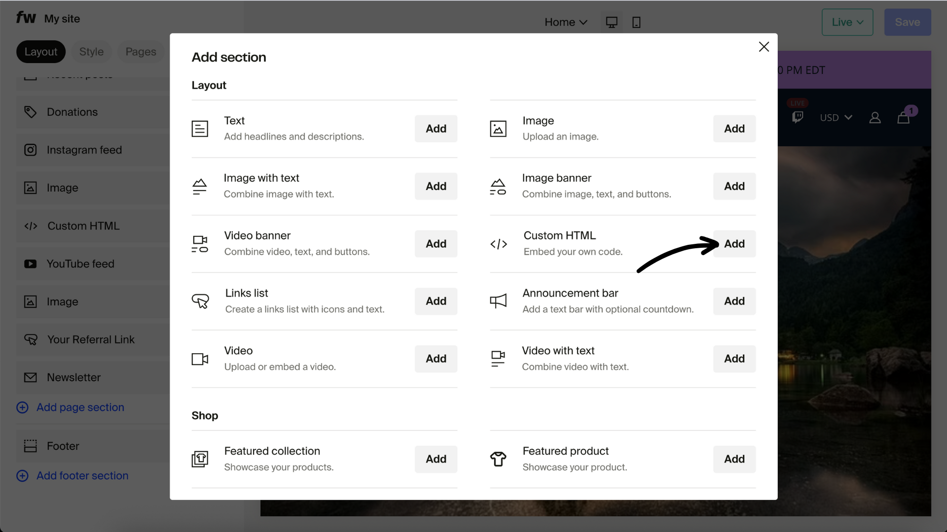Click on Custom HTML under Layout.png